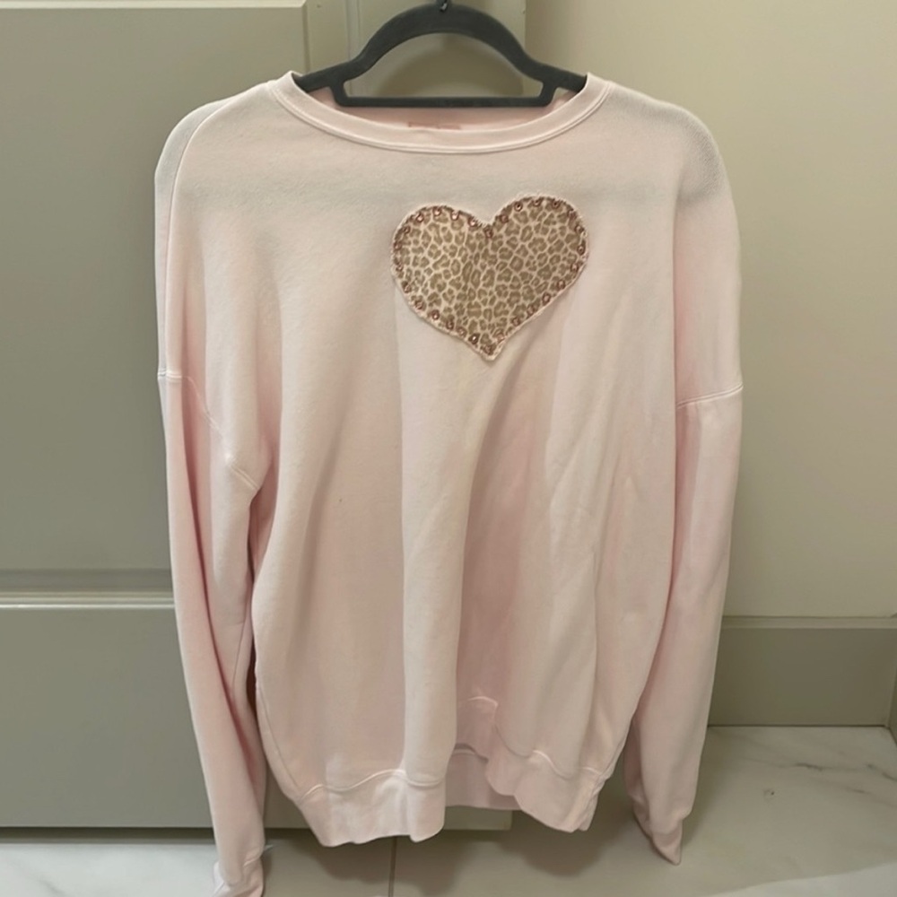 CUSTOM MADE Pink Sweatshirt with Leopard Heart Patch/Rhinestones